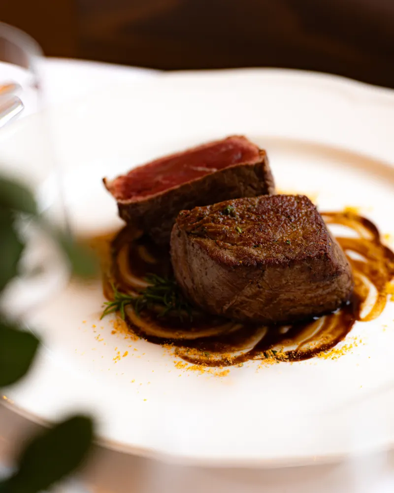 Two pieces of grilled beef fillet on a white plate