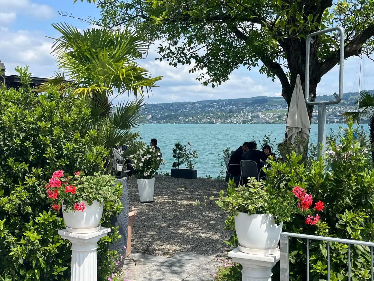 Garden path with flowers leading down to Lake Zurich