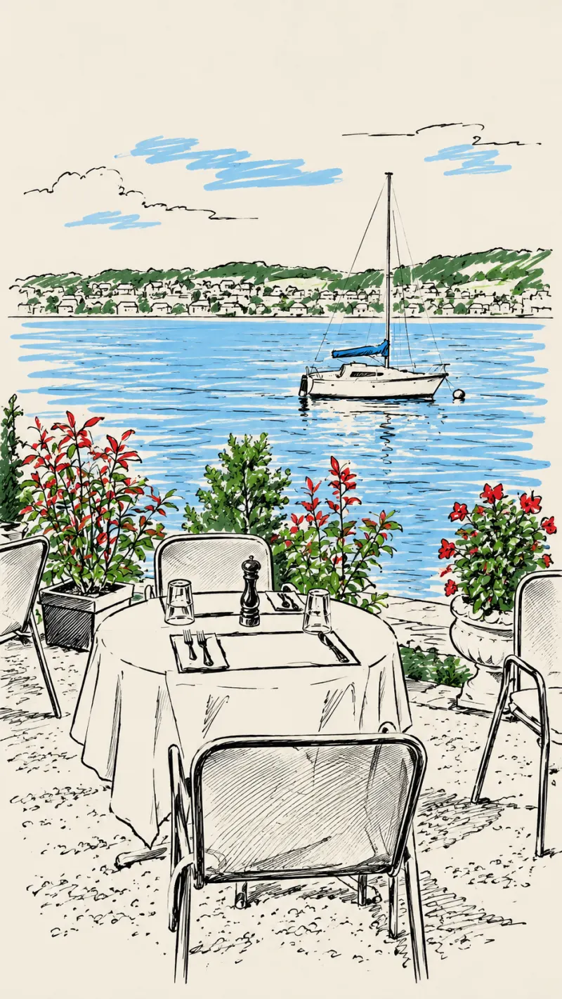 Drawing of a set table at the edge of Lake Zurich, with a sailboat and the far shore behind