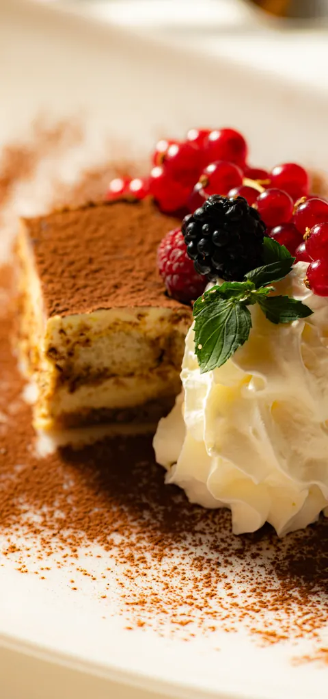 Homemade tiramisù with cocoa, whipped cream and fresh berries